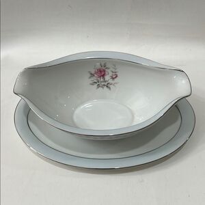 Regency White Blue Silver Floral Pink Rose Serveware Gravy Boat Attached Saucer